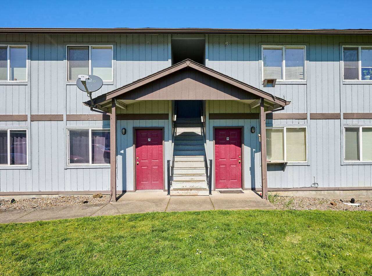 Jefferson Apartments building with signature red doors