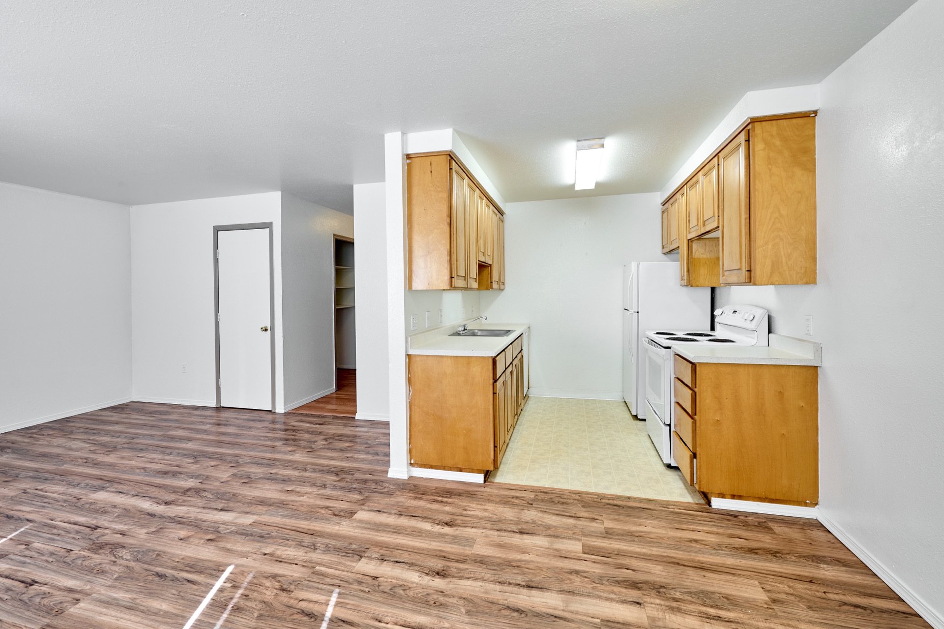 Open living and dining area with adjacent kitchen and LVP flooring