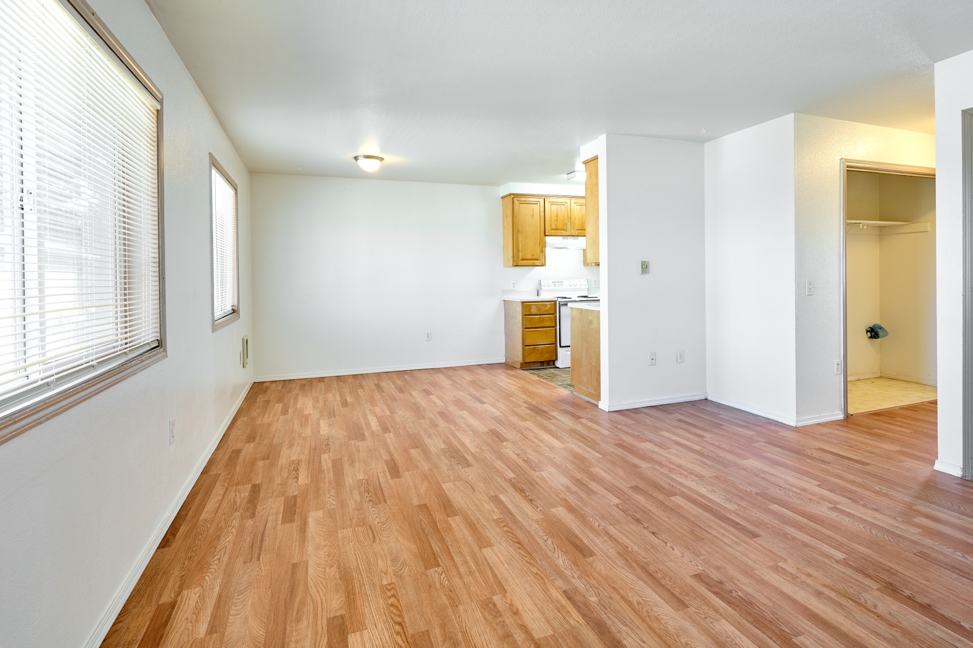 Spacious living room with large window and laminate flooring